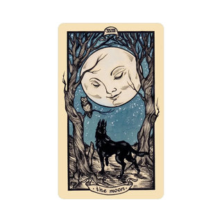 Tarot card featuring a wolf and moon design on a white background