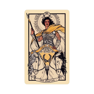 Tarot card featuring a warrior on a horse with decorative elements