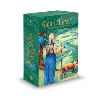 Gaian Tarot box with a person in a blue dress and butterfly design, surrounded by nature elements.