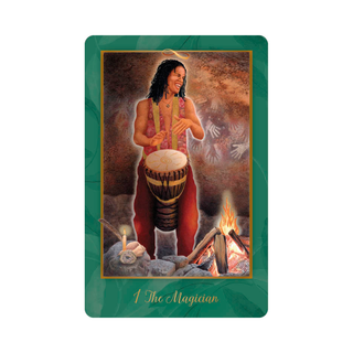Tarot card featuring a person playing a drum with a green border and 'The Magician' text.