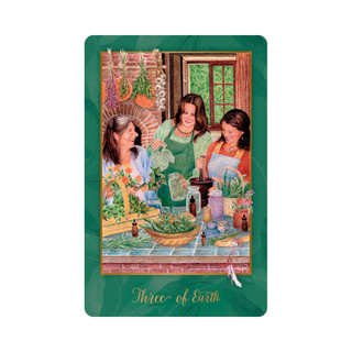 Tarot card titled 'Three of Earth' featuring three women in a kitchen setting.