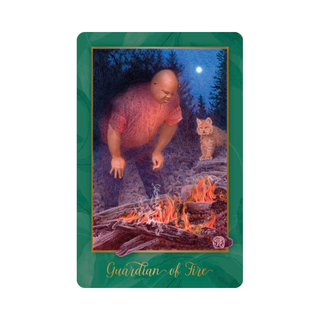 Card featuring a person and cat by a campfire with 'Guardian of Fire' text