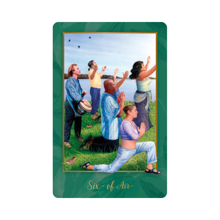 Card with people by a lake, labeled 'Six of Air', on a green border.