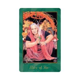 Tarot card featuring an elderly woman with a pink shawl, surrounded by orange flowers and a green border.