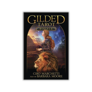 Gilded Tarot Royale book cover with a woman and lion against a cosmic background