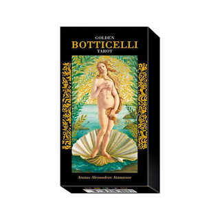Golden Botticelli Tarot card set packaging with a depiction of a tarot card featuring a woman on a shell.