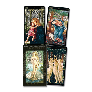 Four tarot cards with classical scenes on a white background