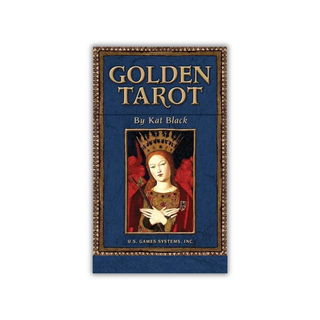 Golden Tarot card deck packaging with a portrait of a woman in a crown on a blue background