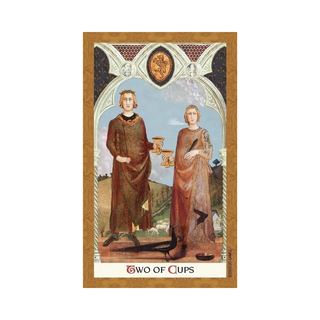 Two of Cups tarot card with two people holding cups in a decorative frame.