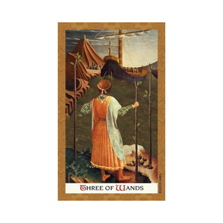 Three of Wands tarot card with a person in an orange dress and hat, standing next to two ships.