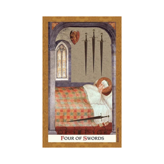 Card featuring a painting of a person lying down with three swords above them, labeled 'Four of Swords'.