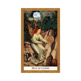 Tarot card featuring a woman with red hair holding a coin, titled 'Ace of Coins'.