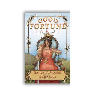 Book cover of 'Good Fortune Tarot' by Barbara Moore with a decorative design on a white background.