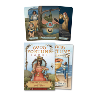 Good Fortune Tarot cards with cover and guidebook on a white background