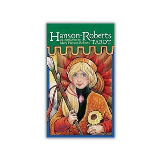 Hanson-Roberts Tarot card packaging with illustration of a person holding a staff and sunflower, on a white background.