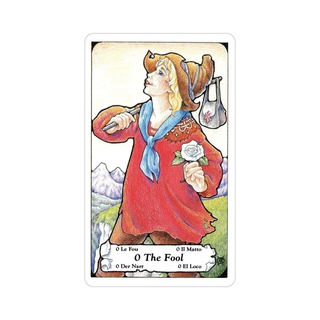 Tarot card featuring a character in a red outfit with mountains and a rose in the background