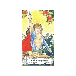 Tarot card featuring 'The Magician' with a person holding a sword against a colorful background.
