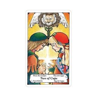 Two of Cups tarot card with two people holding hands and a lion above them on a white background.