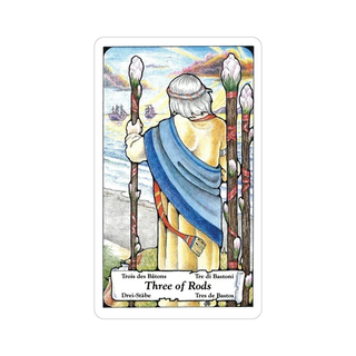Tarot card featuring a figure holding three rods with a scenic background