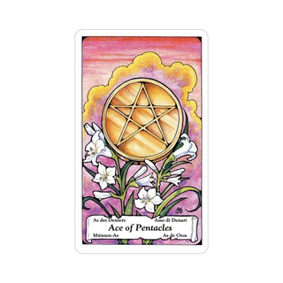 Tarot card featuring a pentacle symbol with flowers on a colorful background