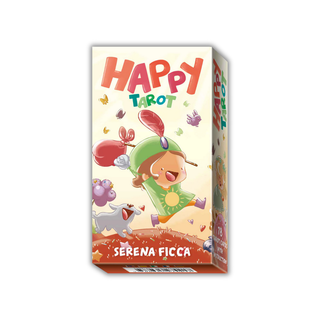 Happy Tarot card set packaging with colorful design and character illustration on a white background