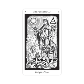 The Hermetic Tarot Deck card featuring 'The Foolish Man' with black and white illustration on a white background