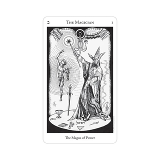 The Hermetic Tarot Deck card 'The Magician' with black and white illustration on a white background
