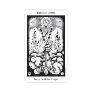 The Hermetic Tarot Deck card titled 'Three of Wands' with black and white illustration on a white background