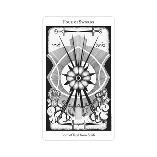 The Hermetic Tarot Four of Swords card with black and white design on a white background