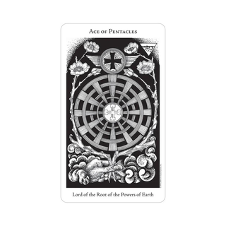 The Hermetic Tarot Deck Ace of Pentacles tarot card with black and white design on a white background