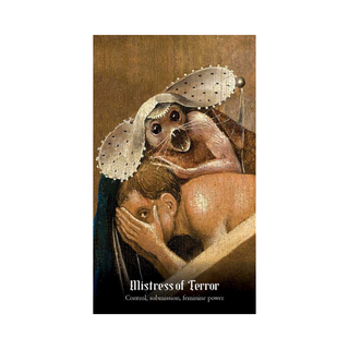 Artistic depiction of a woman with an owl on her head, labeled 'Mistress of Terror'.