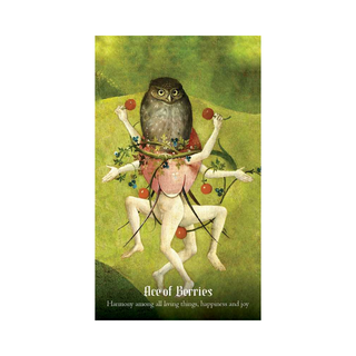 Artistic depiction of a person with an owl head and fruit on a green background