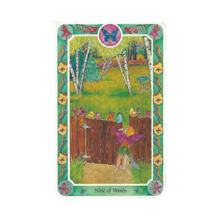 Tarot card titled 'Nine of Wands' with a fairy and butterflies in a forest setting.