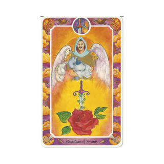 Tarot card with an angel, sword, and rose on a colorful border