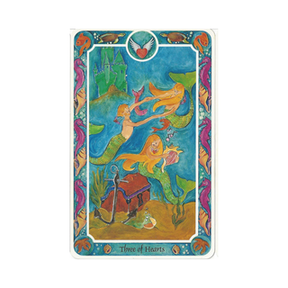 Colorful tarot card featuring mermaids and a heart symbol on a white background