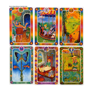 Set of colorful tarot cards with various illustrations on a white background
