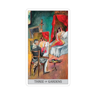 Japaridze Tarot card titled 'Three of Gardens' with artistic scene and text on a white background