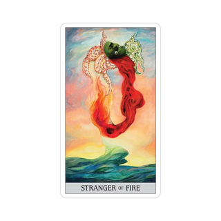 Japaridze Tarot card titled 'Stranger of Fire' with a colorful design on a white background