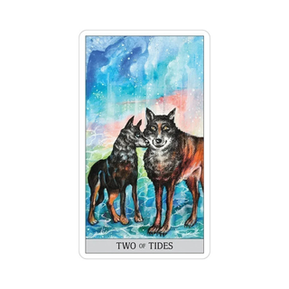 Japaridze Tarot card featuring two wolves with a colorful watercolor background labeled 'Two of Tides'.