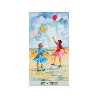 Japaridze Tarot card with two children playing on a beach, holding balloons, and text 'Six of Tides'.