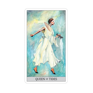 Japaridze Tarot card titled 'Queen of Tides' featuring a woman in a white dress with a flowing cape.