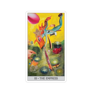 Japaridze Tarot card titled 'The Empress' with colorful symbols and objects on a yellow background.