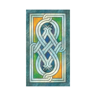 The back of Japaridze Tarot card with a decorative panel and Celtic knot design on a multicolored background
