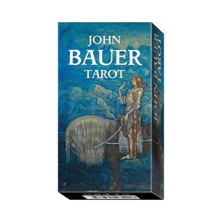 John Bauer Tarot card box with a warrior on horseback design on a blue background