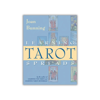 Book cover of 'Learning Tarot Spreads' by Joan Bunning with tarot card illustrations on a light blue background.