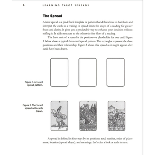 Educational page about tarot card spreads with text and illustrations on a white background.