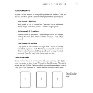 Page from a book or manual explaining tarot card spreads with text and card images.