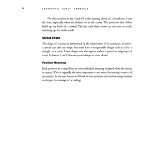 Text on a white background explaining tarot card spreads and their meanings.