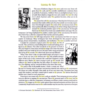 Page from a book with text and tarot card illustrations on a white background