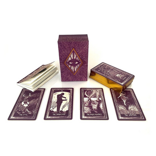 Purple tarot card deck with four cards displayed in front on a white background